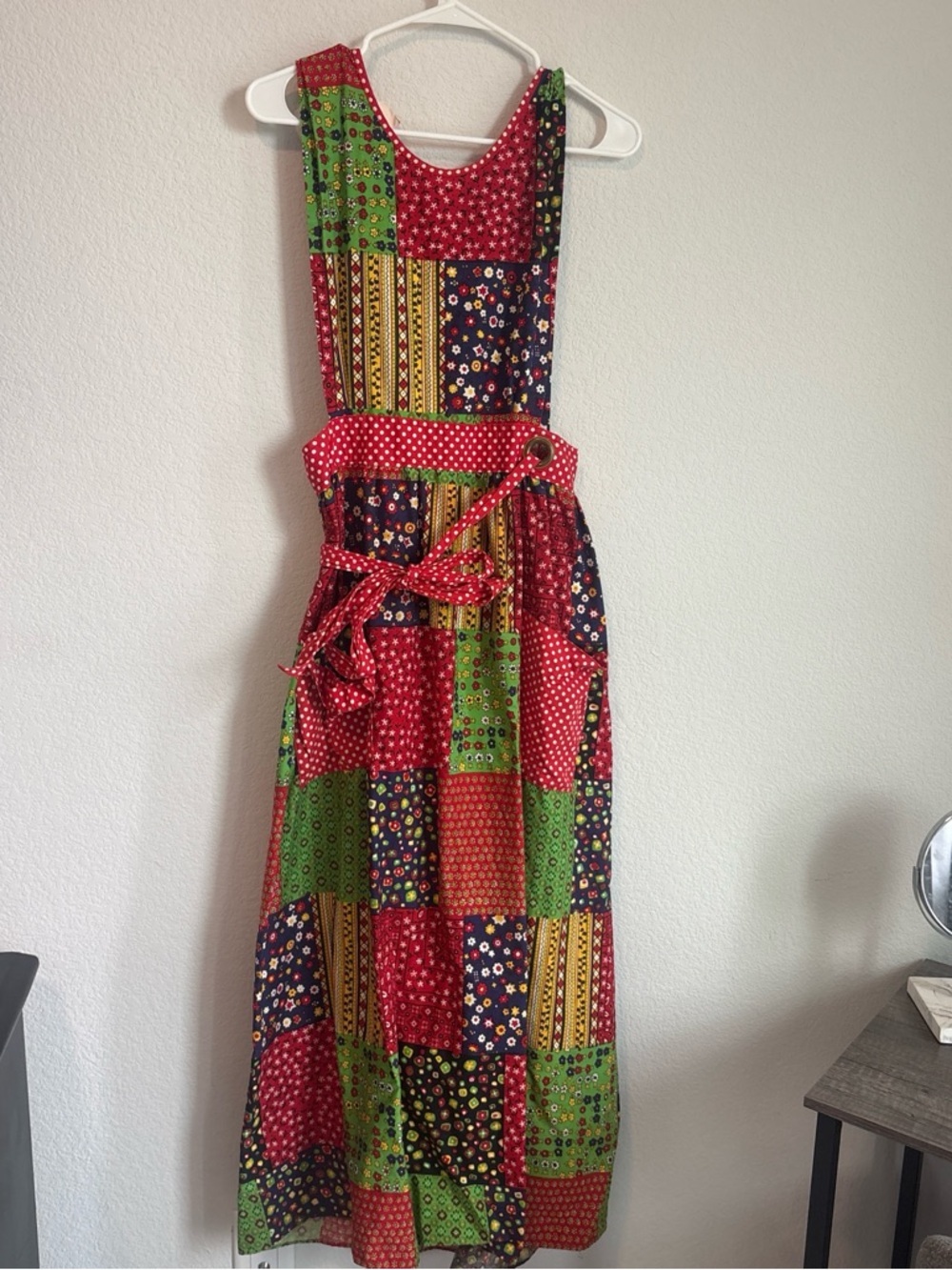 Patchwork Pinafore Apron Dress in Red, Green, Navy - Picture 1 of 8